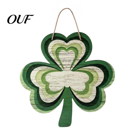 Green Artificial Floral Wreath St. Patrick's Day Wooden Clover Door Sign with Hemp Rope, Rustic Double Layer Shamrock Hanging St Patricks Party