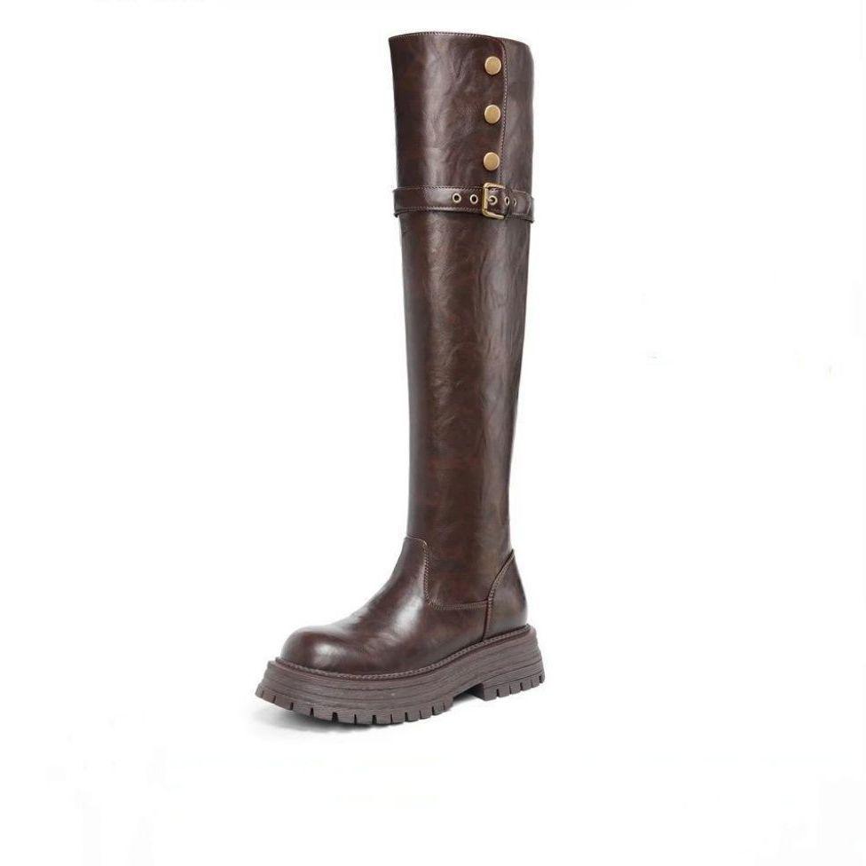 Damen Retro Overknee-Stiefel mit dicker Sohle - Vielseitige Herbst/Winter-Mode Ritter Martin Stiefel
