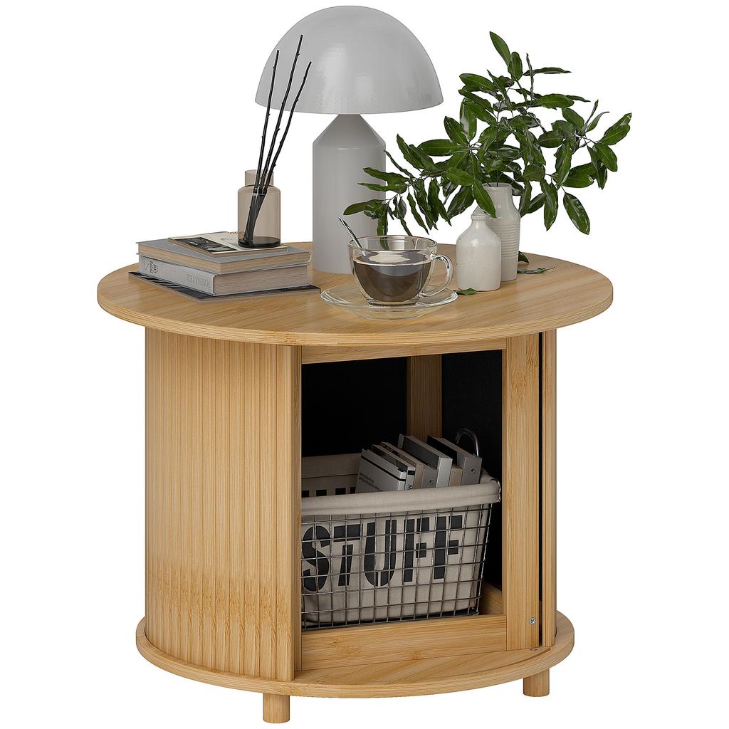 Side Table, Round, with Storage, Sliding Door, Bamboo, Ø60 x 45 cm, Load Capacity up to 20 kg