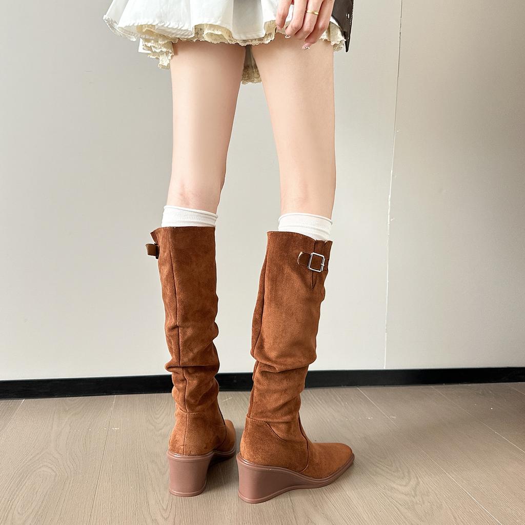 British Style Suede High-heeled Boots Children's 2025 Autumn and Winter New Belt Buckle Thick-bottomed Wedge Heel High Tube Pointed Boots