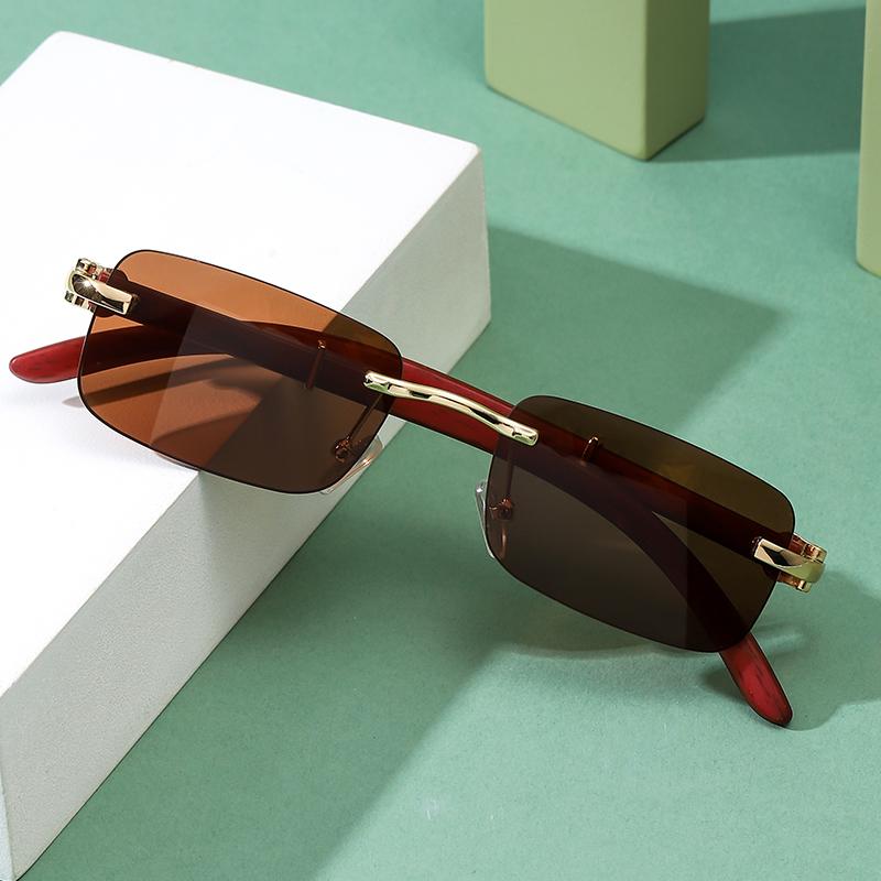 Fashion Rectangle Rimless Sunglasses Women Vintage Luxury Retro Wooden Frame Gradient Lens UV400 Protection