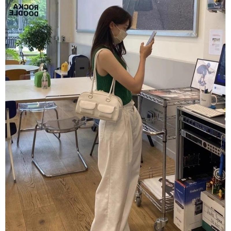 

Niche Xu Yunzhen oil wax leather bowling bag multi-pocket underarm bag commuter shoulder bag білий