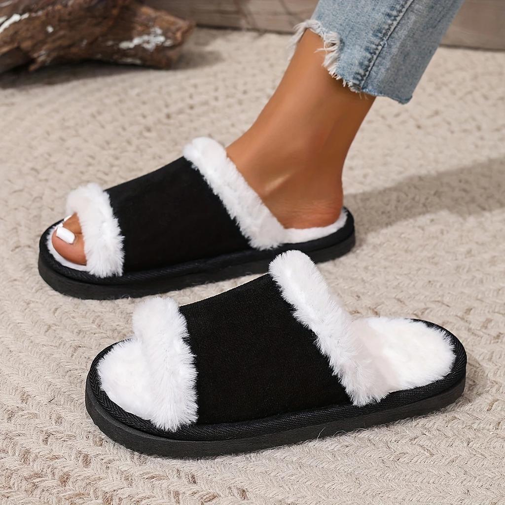 Fashion Woman Street Plush Fuzzy Open-Toe Slippers For Season Fashion Faux Fur Slides Women's Indoor Outdoor Memory Foam Soft Flat Shoes