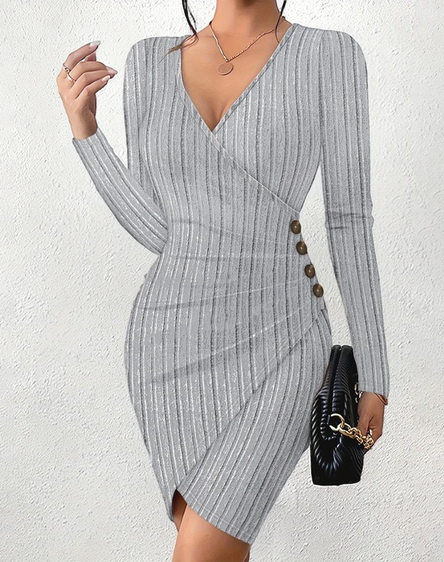 

Autumn and winter new solid color V-neck tight-fitting hip-wrapping slim-fitting sexy long-sleeved dress for women S