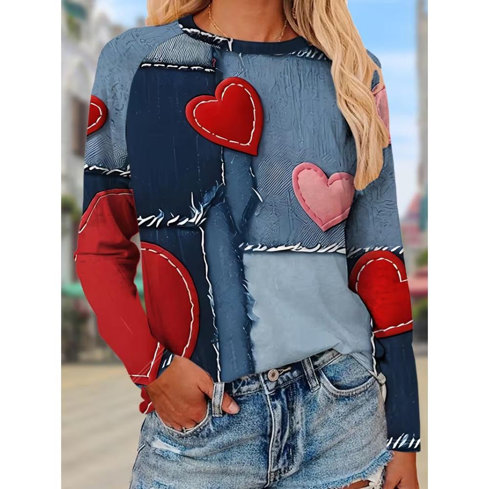 Mode Automnale Confortable Décontractée Polyvalente Ample pour Femmes T-shirts à Manches Longues Imprimés Multicolores à Col Rond