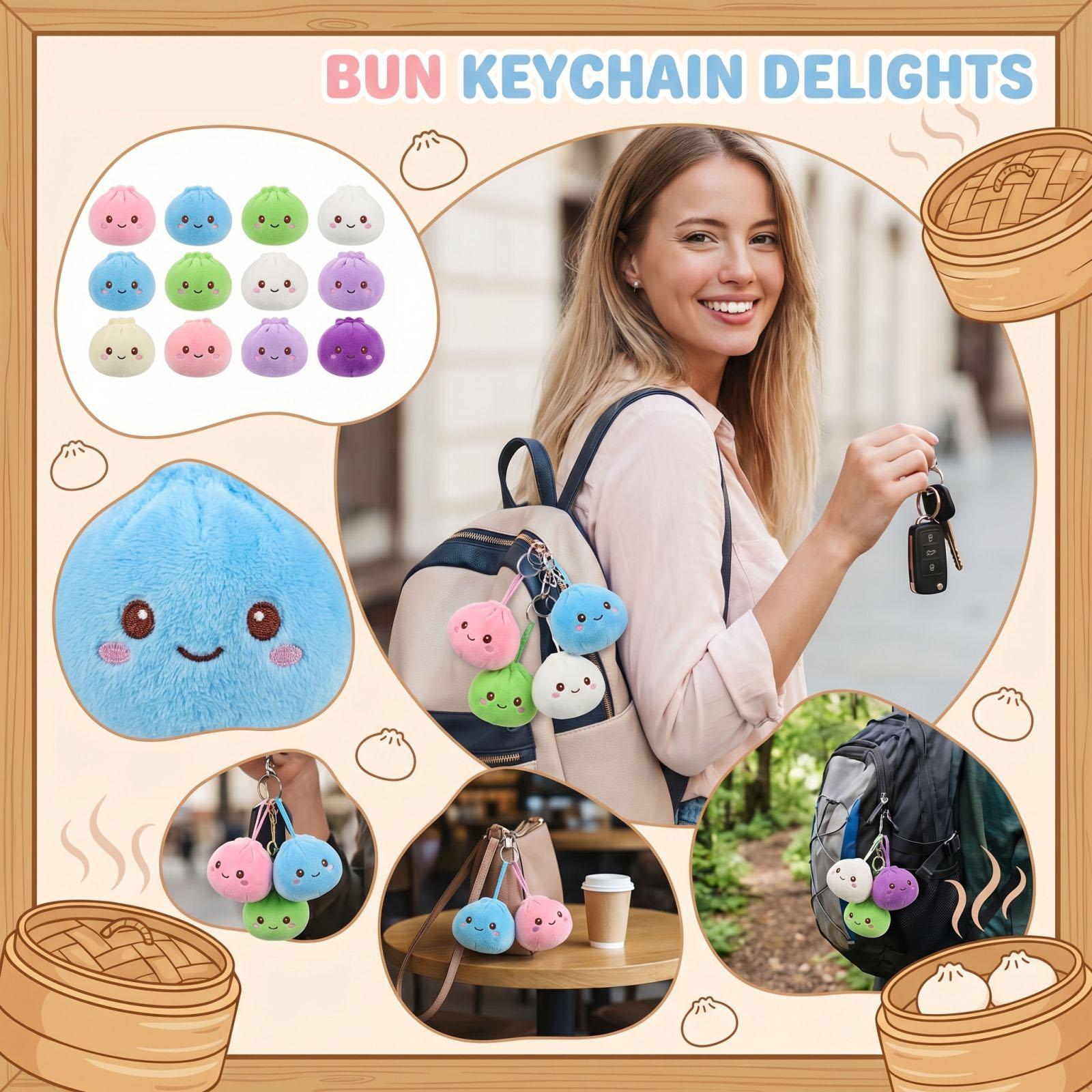 

12 PC Random Color Cute Plush Bun Keychain Bun Shaped Doll Keyring Plush Bag Charm One Size