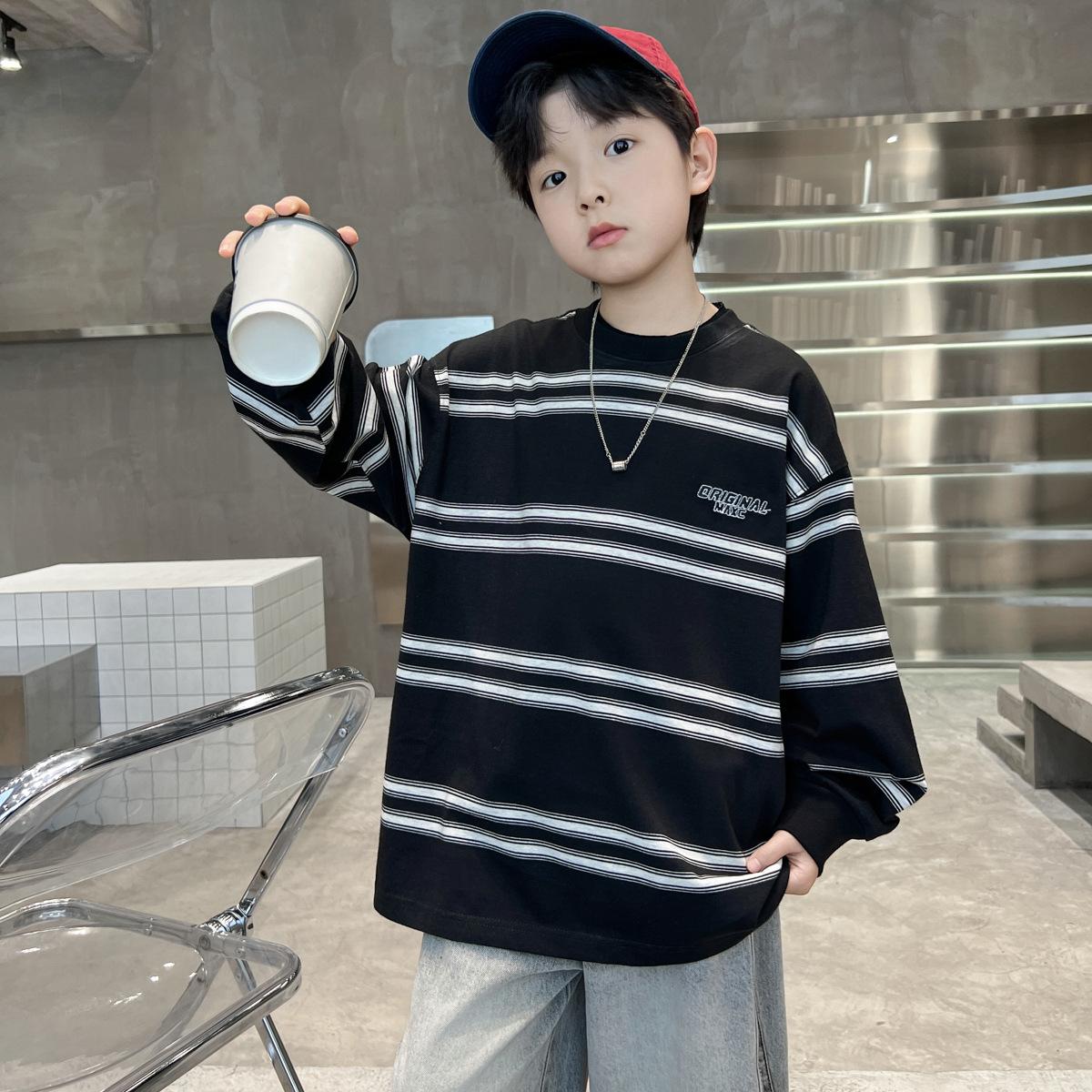 

Толстовка с капюшоном в полоску для мальчиков, весна и осень 2025, детская повседневная верхняя одежда 130cm чёрный