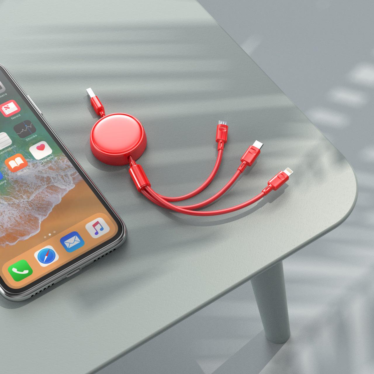 

Втягивающийся кабель для быстрой зарядки 3-в-1, 3 А, с логотипом на заказ one-to-three data cable красный