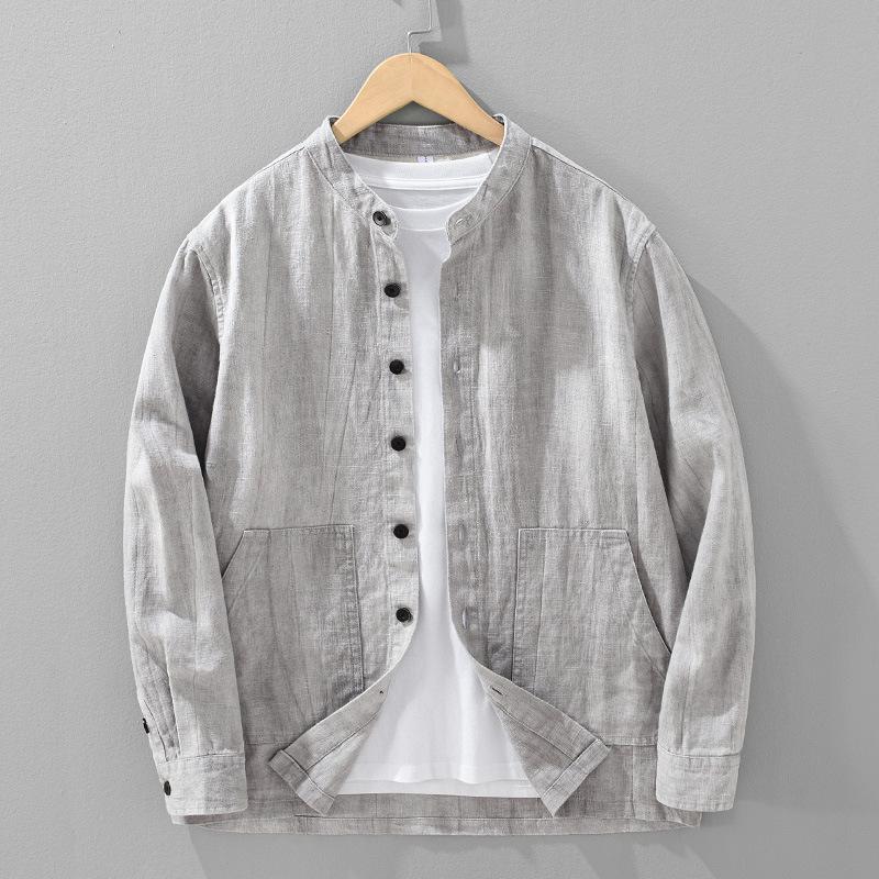 

Japanese Retro Style Cotton Linen Jackets for Men Spring and Summer Casual Tops Breathable Thin Jacket Men Stand Collar Button Coat M світло-сірого кольору