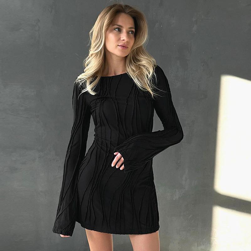 Women's Autumn Solid Color Round Neck Wavy Stripe Long Sleeve Bodycon Dress