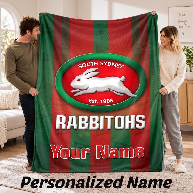 South Sydney Rabbitohs Personalized Flannel Blanket Custom Name Text Soft Throw Blanket Home Decor