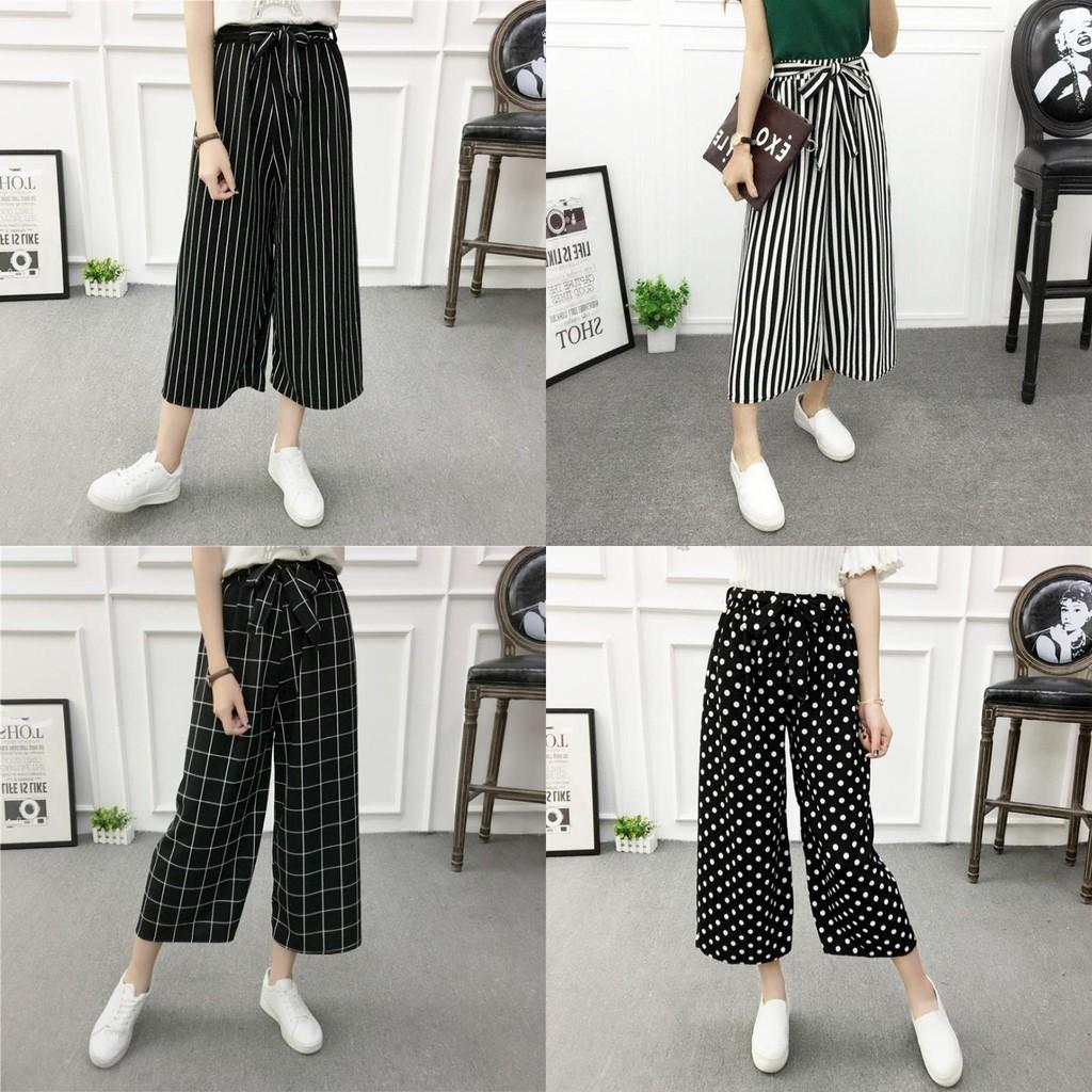 Women Korean Wide Leg High Waist Loose Baggy Casual Striped Crop Trousers Pants