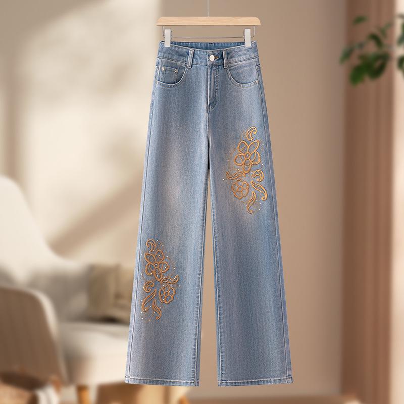 

Women s National Style Embroidered Jeans: Spring/Summer 2026, New Chinese Slimming, Loose Fit, Wide-Leg & Straight-Leg Casual Pants 4XL/32 [145-155 jin] синий