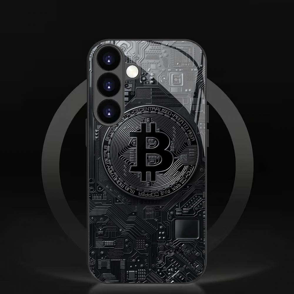 Bitcoin black tempered glass phone case suitable for Samsung Galaxy S26 S25 S24 S22 S21 S20 FE/Ultra/Plus anti drop back cover