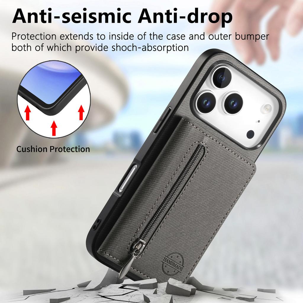 For iPhone 17 Pro Max Case Zipper Card Holder Kickstand Jeans Cloth Texture Leather Back Cover