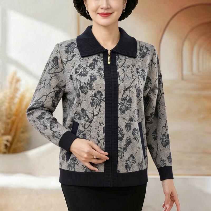 Yuzhaolin Elderly Women's Autumn Knit Zipper Cardigan