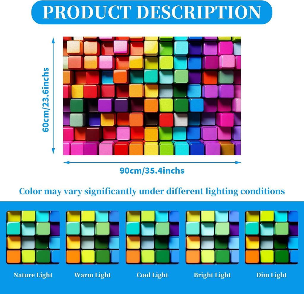 Rainbow Cube Area Rug, 3D Colorful Square Block Print, Non-Slip Washable Mat for Living Room Sofa Dining Room Indoor Decor