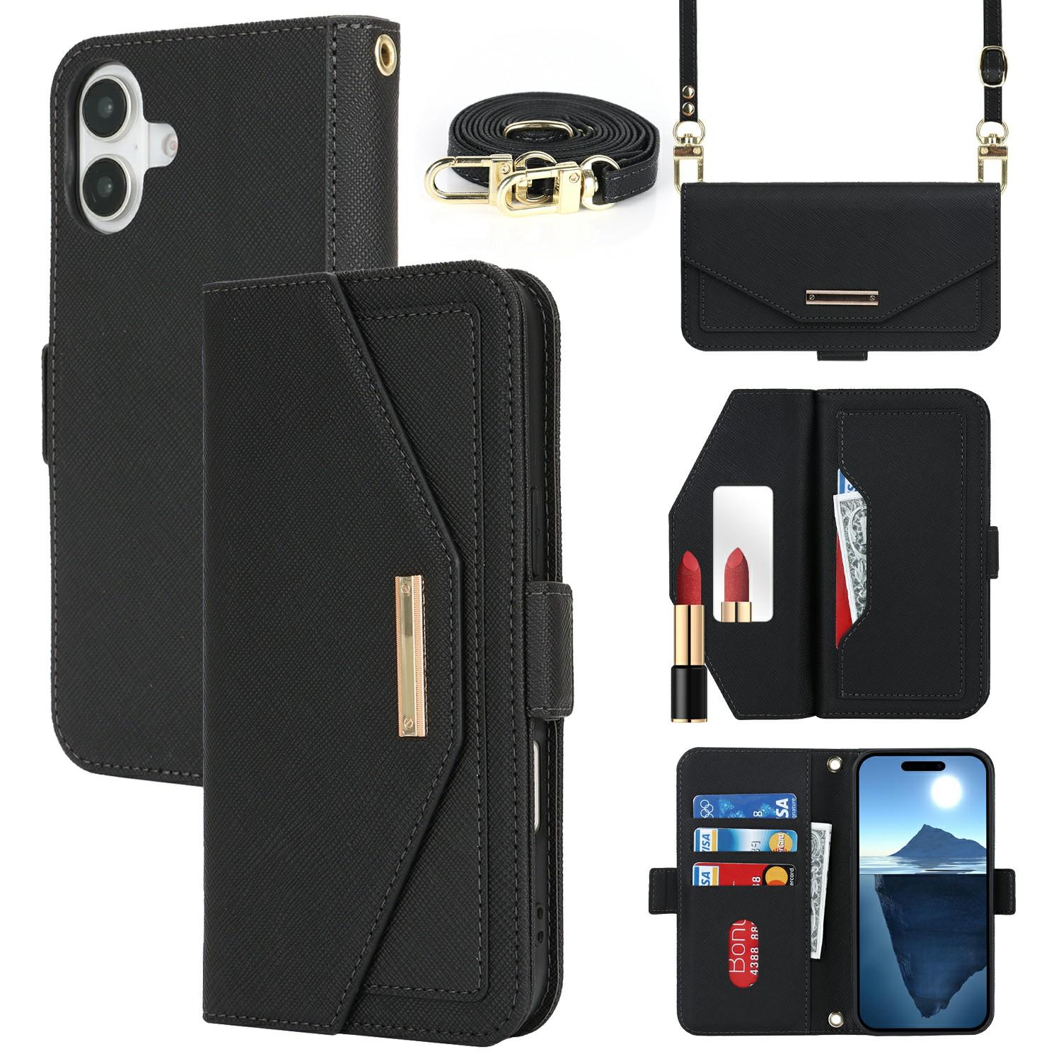 

For iPhone 16 Plus Stand Case Cross Texture PU Leather Wallet Phone Cover with Shoulder Strap/Makeup Mirror Black
