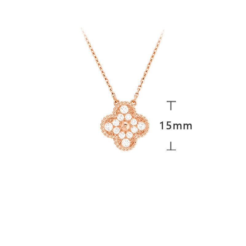K rose gold four-leaf clover necklace women's single flower white fritillary chalcedony laser agate full diamond collarbone chain