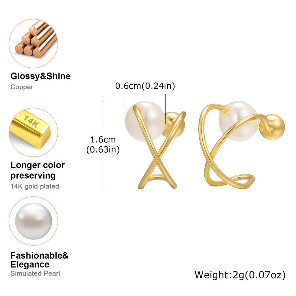 Vnox 1 Pair Chic Immitation Pearl Ear Cuff for Women Girls, Crossed Metal Lines Ear Bones Cuff, Ins Style Dainty Jewelry