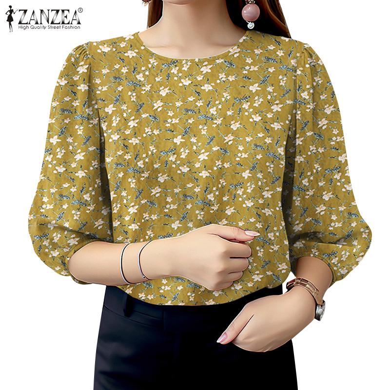 ZANZEA Women Casual Round Neck 3/4 Sleeve Loose Floral Blouse