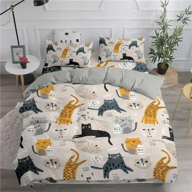 Juego de Ropa de Cama de Dibujos Animados Gatos Lindos Cómoda Funda Nórdica Funda de Almohada Juego de Cama Decoración Habitación Infantil Textiles para el Hogar
