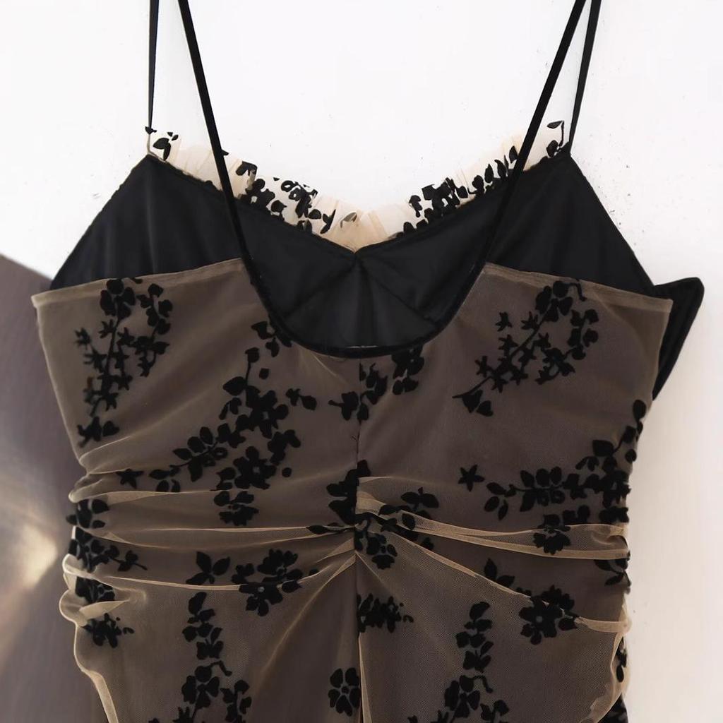 2024 Winter European & American Style Women's Sexy Burnout Patchwork Spaghetti Strap Midi Dress