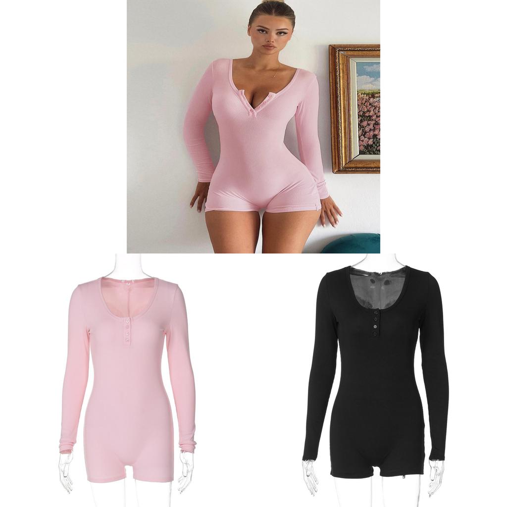 Combinaison moulante longue à manches longues taille haute rose et noire avec fermeture à boutons pour le sport