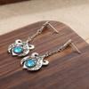 Ethnic Round Inlaid with Blue Stones Earrings Vintage Silver Color Metal Carving Pattern Dangle Earrings for Women Jewelry