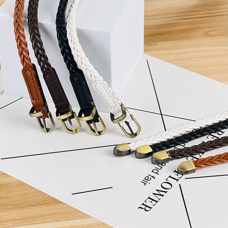 Women's Skinny Braided Leather Belts Vintage Thin Woven Waist Belts for Jeans Pants Dresses with Pin Buckle