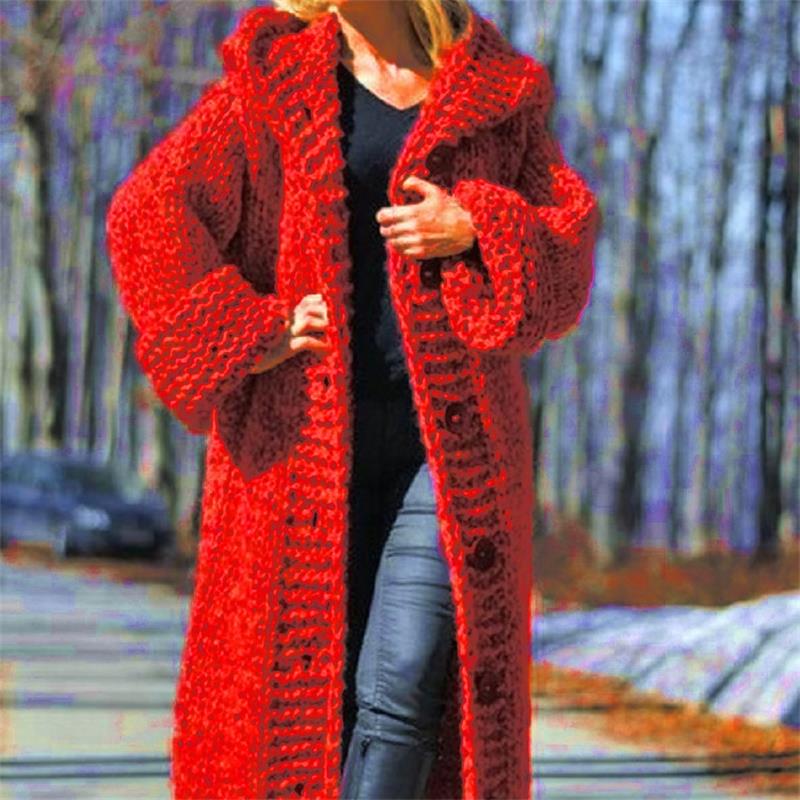 Cappotto da donna in maglia a maniche lunghe caldo con cappuccio caldo cardigan Cappotto invernale Moda Plus Size Maglione lavorato a maglia Cappotto lungo da donna Mantello Outwear
