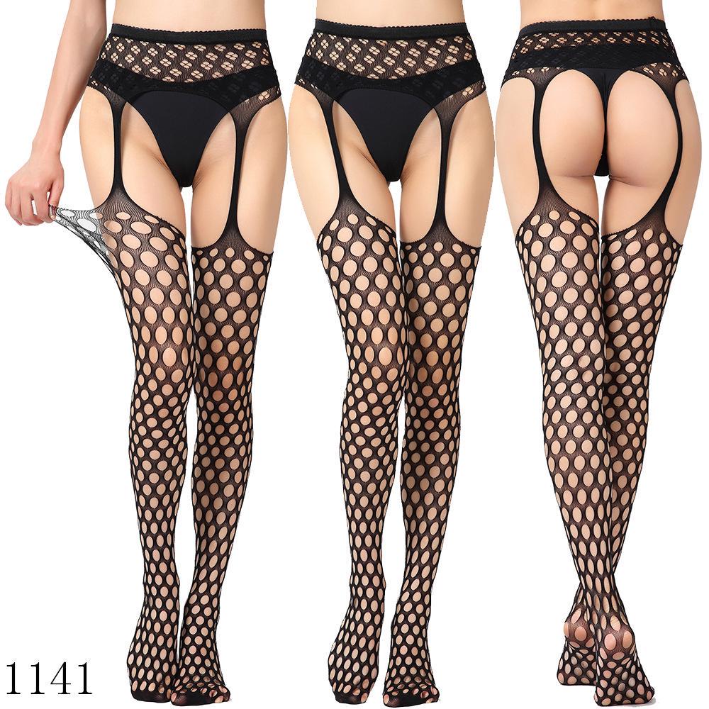 Sexy Elastic Fishnet Stockings with Garter Belt - Women's Open Crotch Fine Mesh Anti-Slip