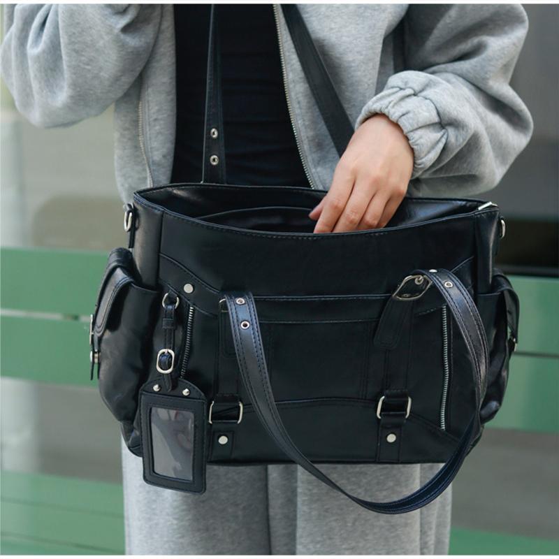 Stylish Patent Leather Tote Bag Multi-pocket Work Shoulder Bag Silver Hardware Buckle Crossbody Bag Student Large Capacity Bag