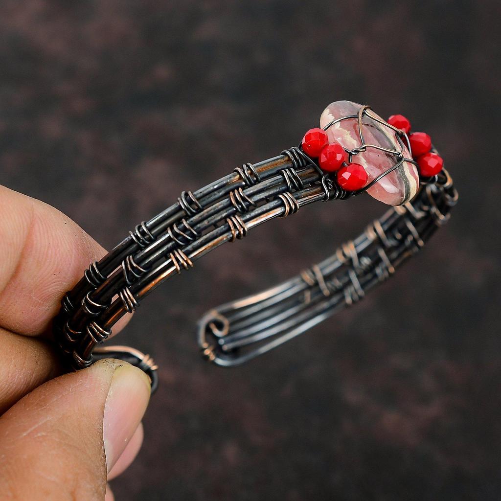 Rodokrosit Koppar Manschettarmband Röd Korall Pärlor Armring Koppartråd Inlindat Smycke Justerbar Manschettarmband Ädelstensarmring Handgjord Manschett