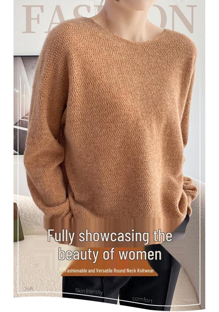 Women's Round Neck Wool Knitwear - Loose Fit Long Sleeve Pullover for Autumn & Winter