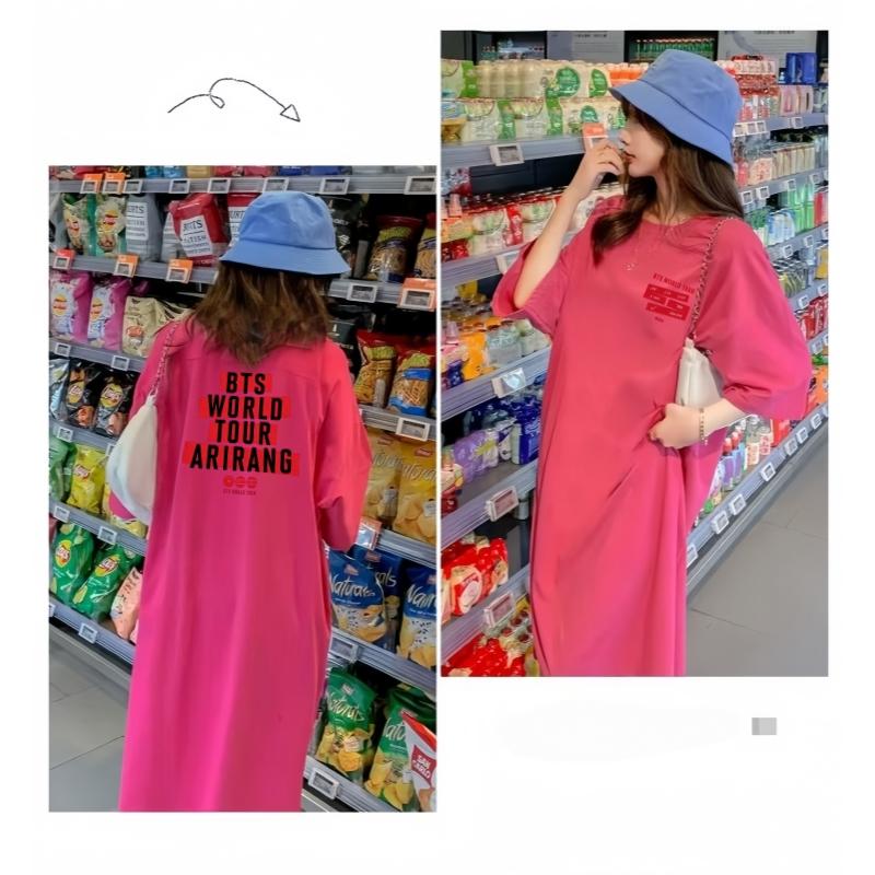 Vestito T-shirt Rotondo Larga Taglia con Fantasia Stampata, Modello Lungo, Camicia da Notte da Donna Stile Rilassato al Ginocchio