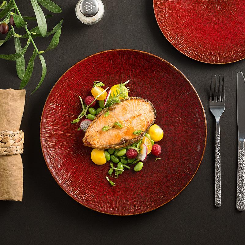 Nordic Red Plate High-end Steak Tray Household Dish Underglaze Color Western Dining Tray Restaurant Tableware French Platter
