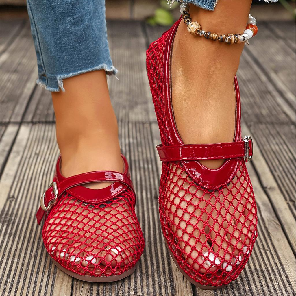 Breathable Soft Sole Flat Mary Jane Shoes for Women Summer Mesh Hollow Out Slip On Casual Footwear with Adjustable Buckle Strap