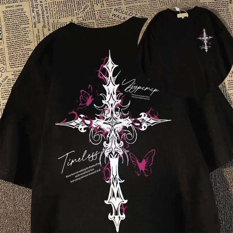 

Hiphop Cross Print Loose Shortsleeved Tshirt for Unisex and Women American High Street Style for Summer 3XL