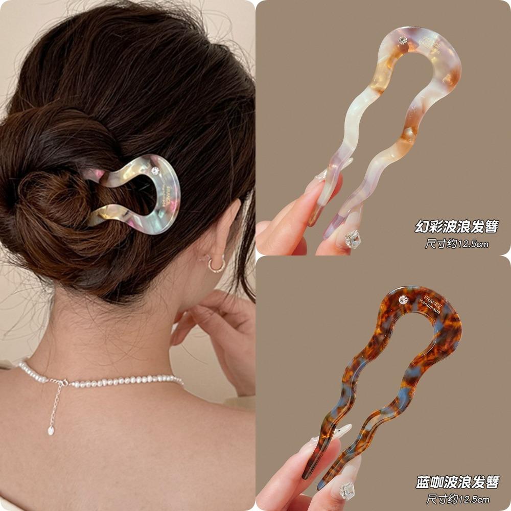 1/2/3pcs Acrylic Hair Pins Sticks for Women Girls Elegant Rhinestone U shaped Wave Fork Pink Black Hair Updo Styling Accessories