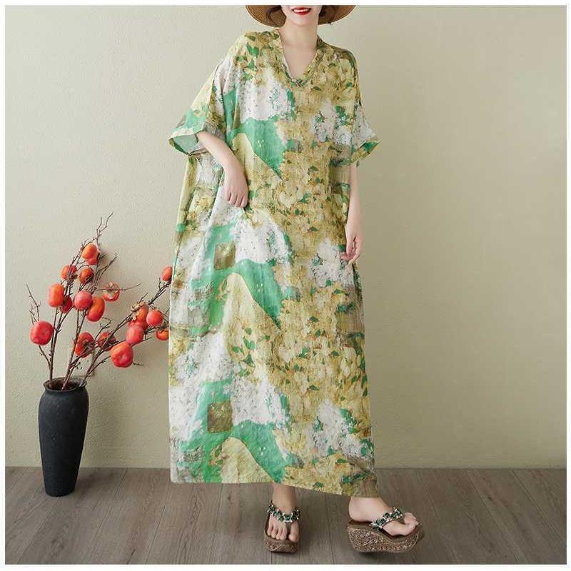Damen Vintage Langes Kleid mit Baumwoll- und Leinenmustern