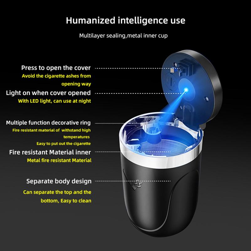 Car Ashtray with Lid Smell Proof Stainless Steel Blue Led Portable Ashtray Cup for Auto Fireproof Shell One Touch Open