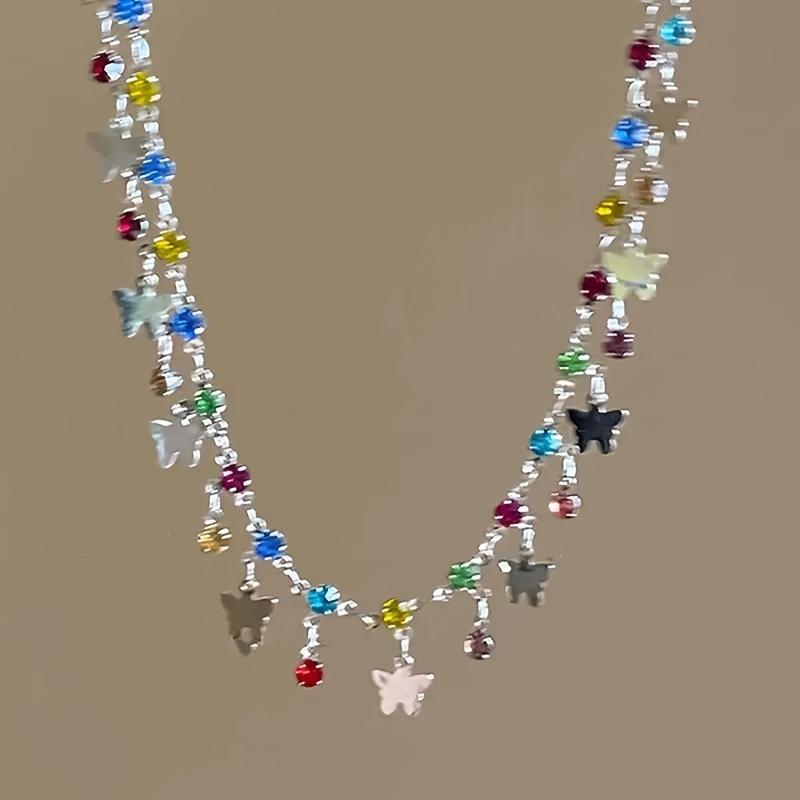 Fashionable Colored Synthetic Rhinestone Butterfly Metal Necklace Suitable for Women's Adjustable Necklace Jewelry