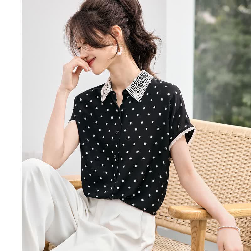 Srcr Women s Elegant Silk Embroidered Short Sleeve Shirt XL