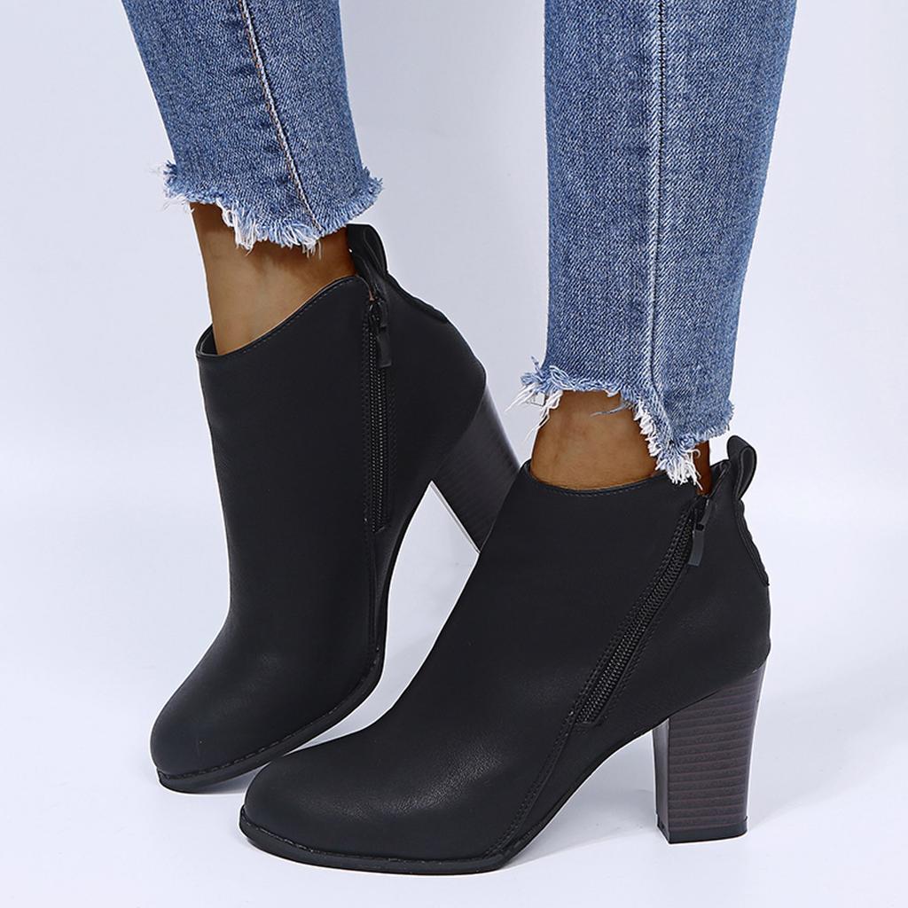 Retro Women Leather Square Heel Zipper Solid Color Short Booties Round Toe Shoes
