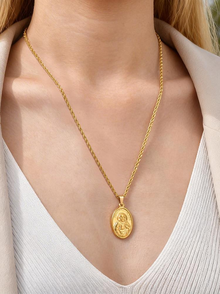 18K Gold Plated Reversible Catholic Necklace Sagrado Corazon de Jesus Our Lady of Itati Corrientes Religious Jewelry for Women