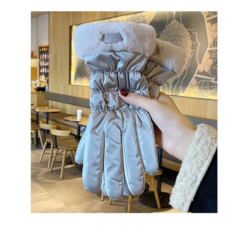 Winter Warm Gloves Touch Screen Women's Thick Cotton Down Riding Cute and Windproof Skiing Gloves with Velvet
