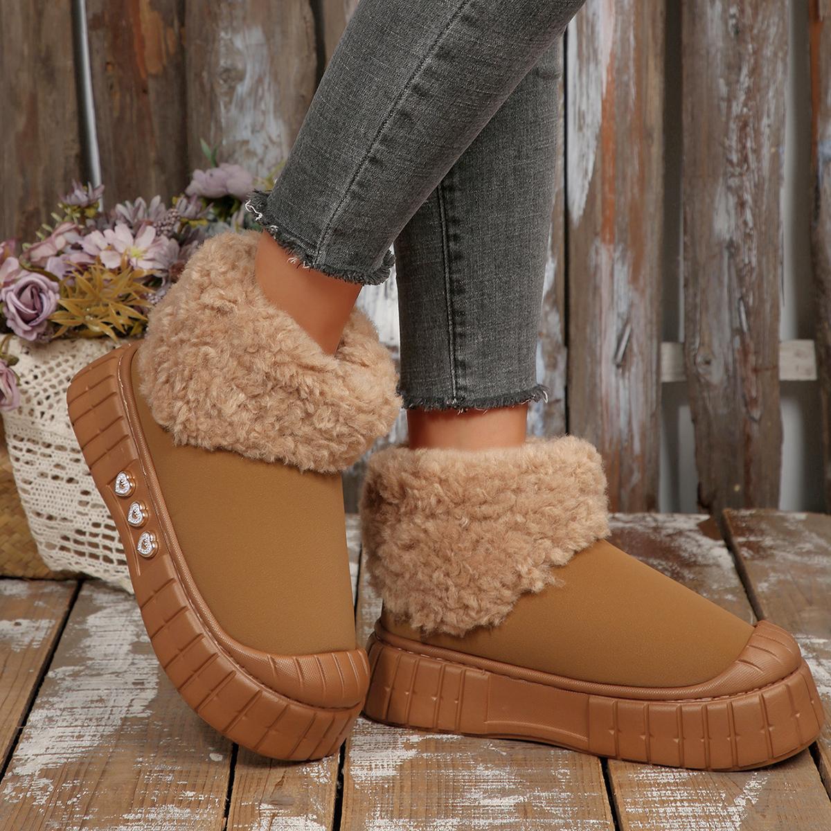 

Fashion Warm Short Plush Thick Bottom Woman s Snow Boots 2025 Winter Furry Ankle Boots with Platform Metal Decoration Fluffy Fur Shoes 40-41 коричневый