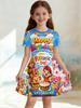Girls 3D Crew Neck A-line Dress, All-over Print of HAPPYBIRTHDAY Cake Letters, Perfect for Parties and Birthday Gifts.