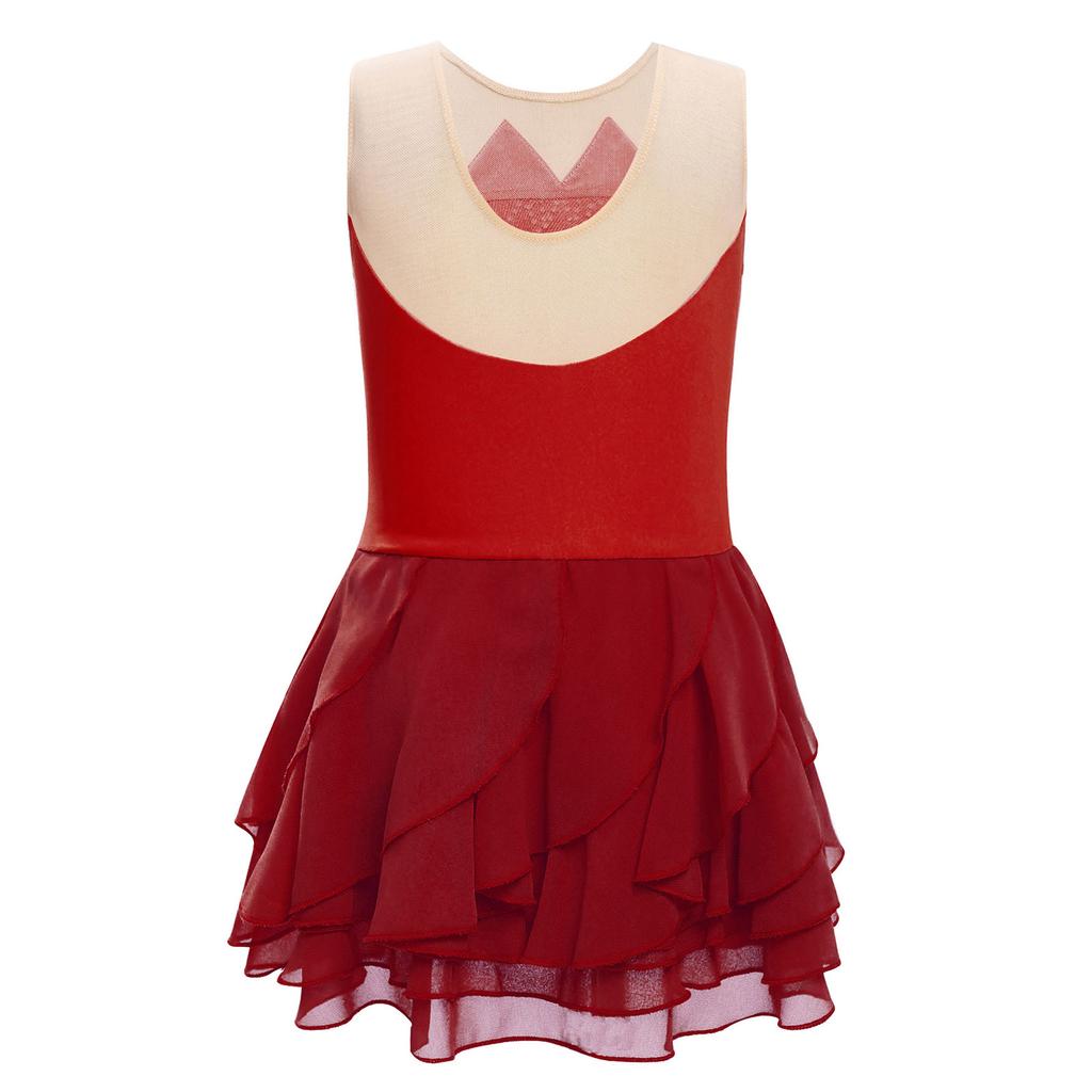 Girls Figure Skating Dress Round Neck Sleeveless Shiny Rhinestones Tiered Ruffled Dancewear